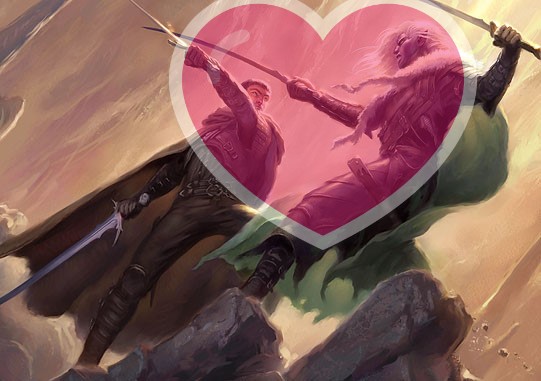 Artemis and Drizzt fighting with a big pink love heart overlaid